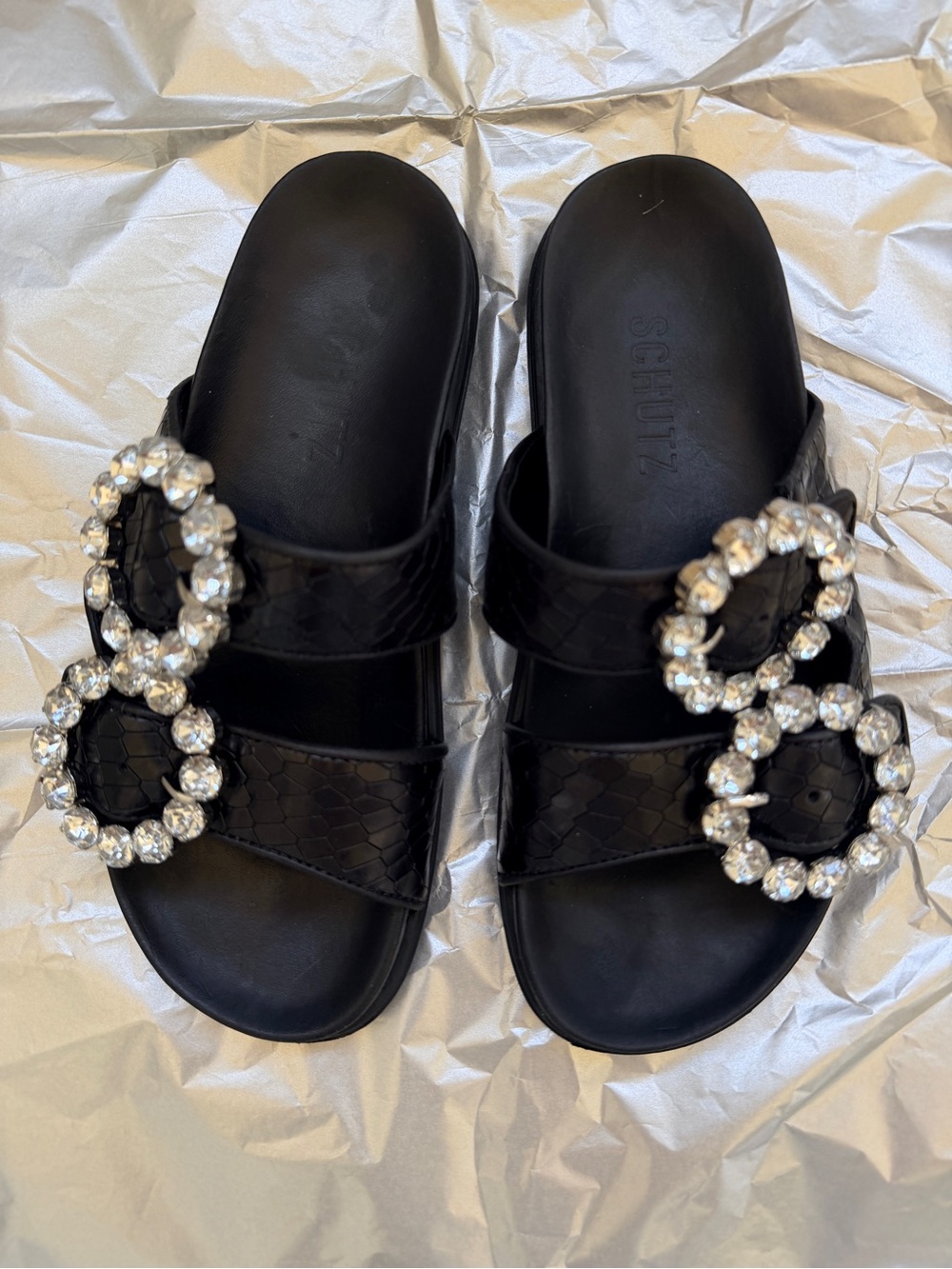 SCHUTZ Black Crystal Buckle Double-Strap Slide Sandals